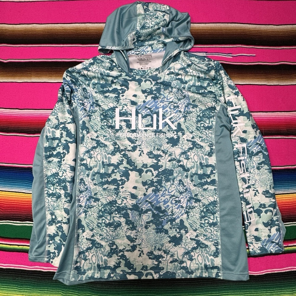 Huk Fishing Icon X Tide Change Hoodie Men's L Blue Performance Fabrics UPF‎